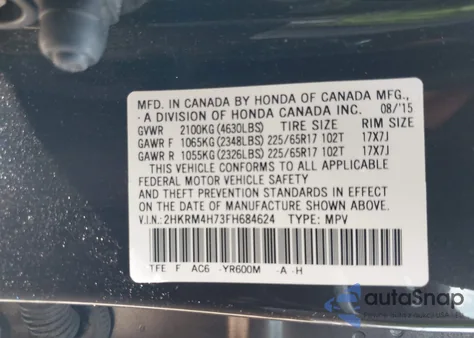 2015 Honda Cr-V Ex-L from USA, damaged, VIN 2HKRM4H73FH684624